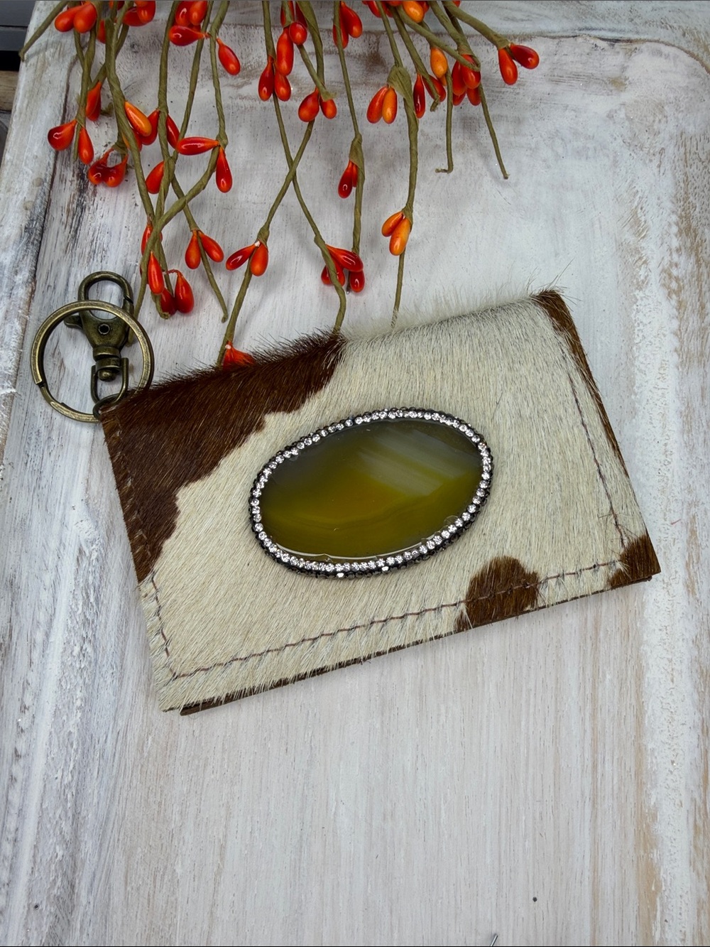Keep it Gypsy Cowhide Card Holder Keychain with Olive Stone Accent